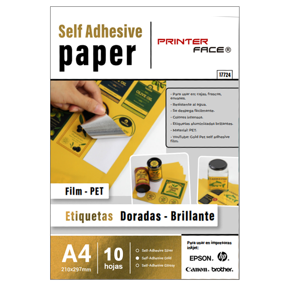 Printer Face A4 Pet Film Dorado Adhesivo X 10 Hojas