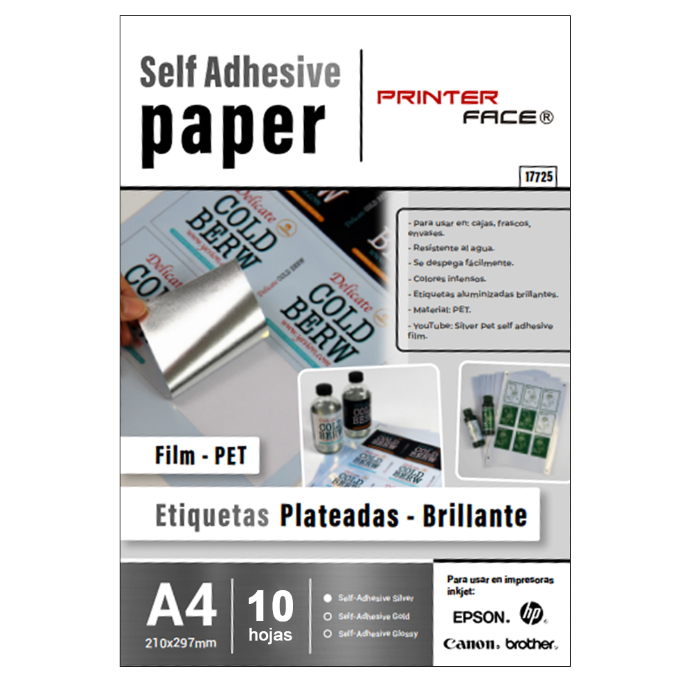 Printer Face A4 Pet Film Plateado Adhesivo X 10 Hojas