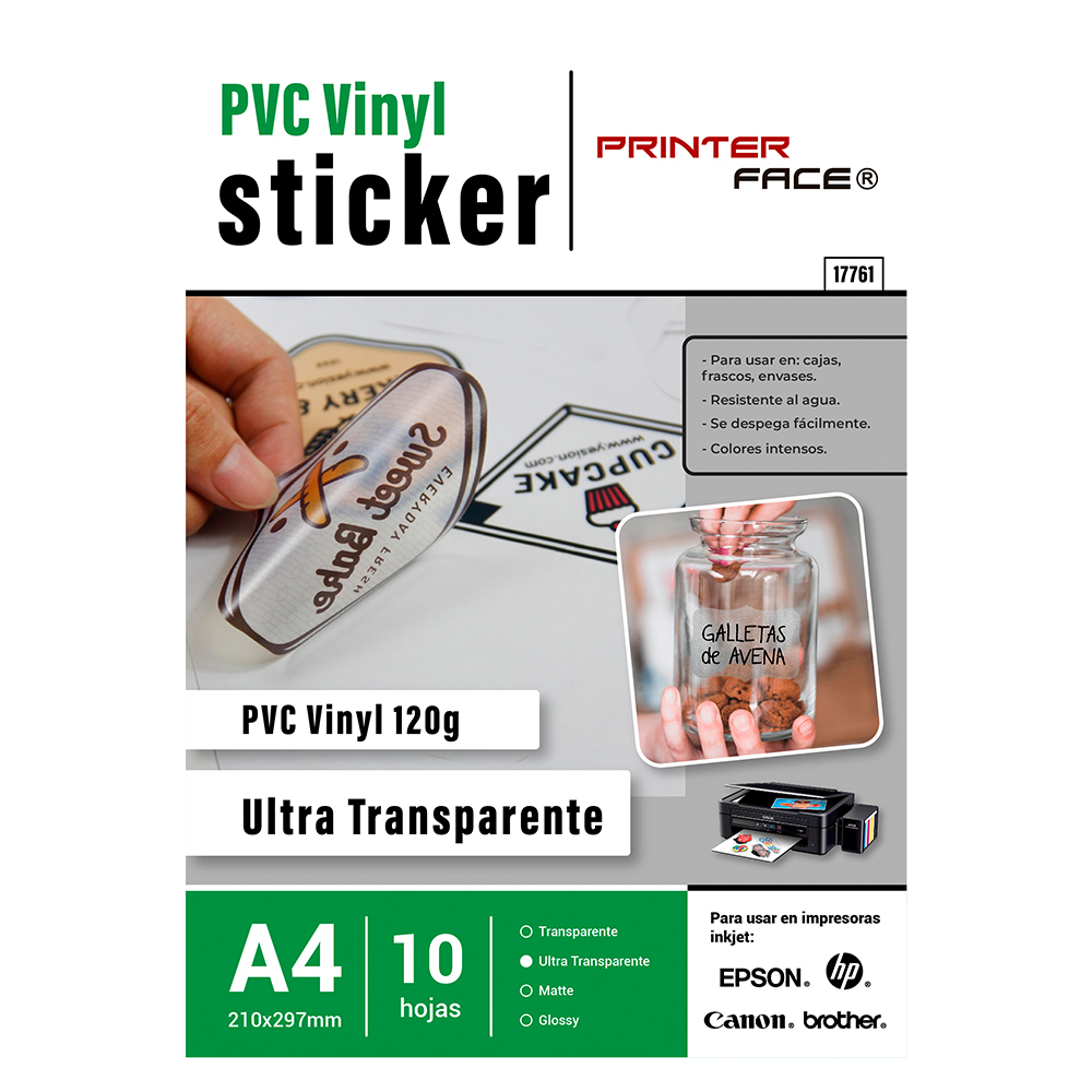 Printer Face A4 Pvc Vinyl Adhesivo Ultra Transparente X 10 Hojas