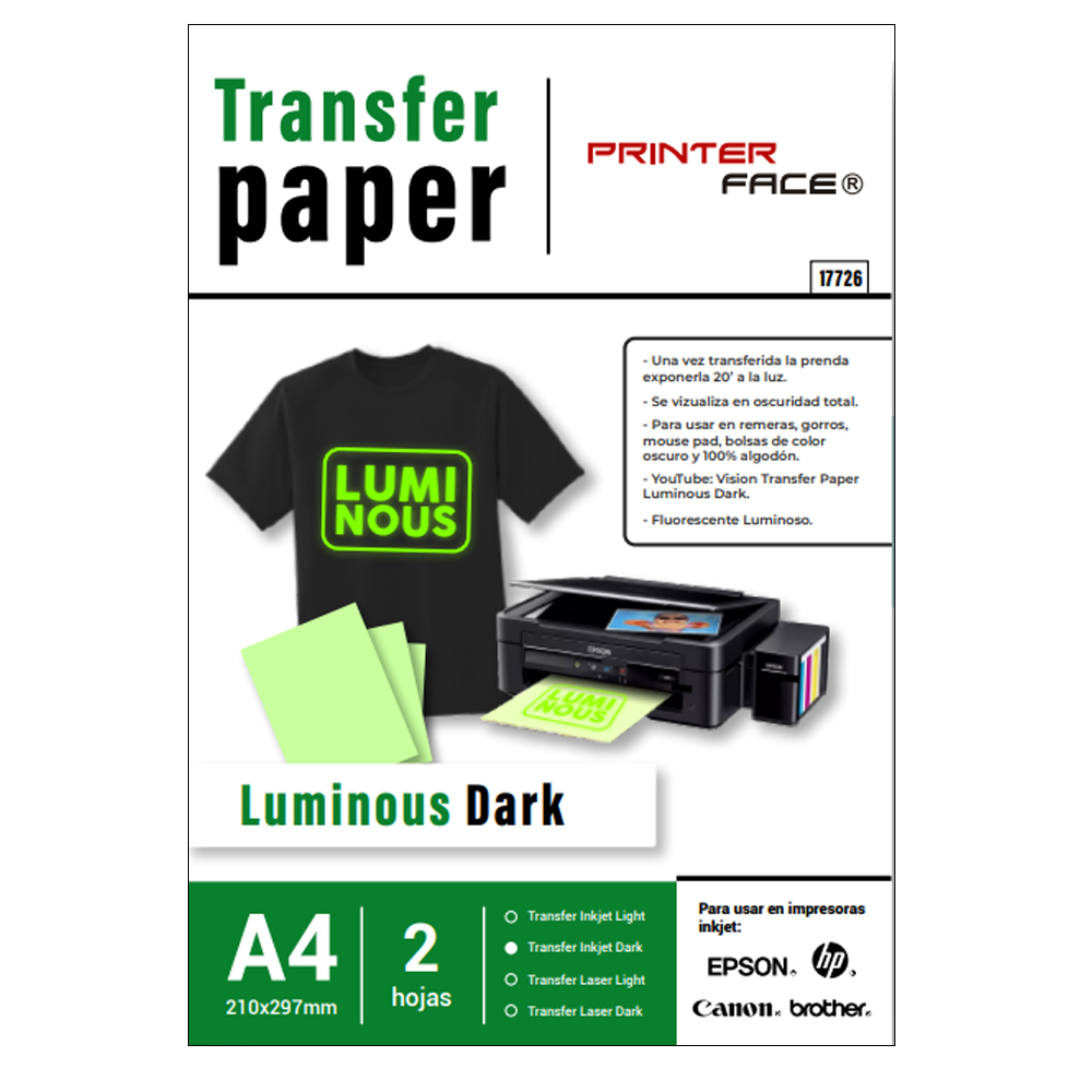 Printer Face A4 Transfer Luminoso Ropa Oscura X Hoja