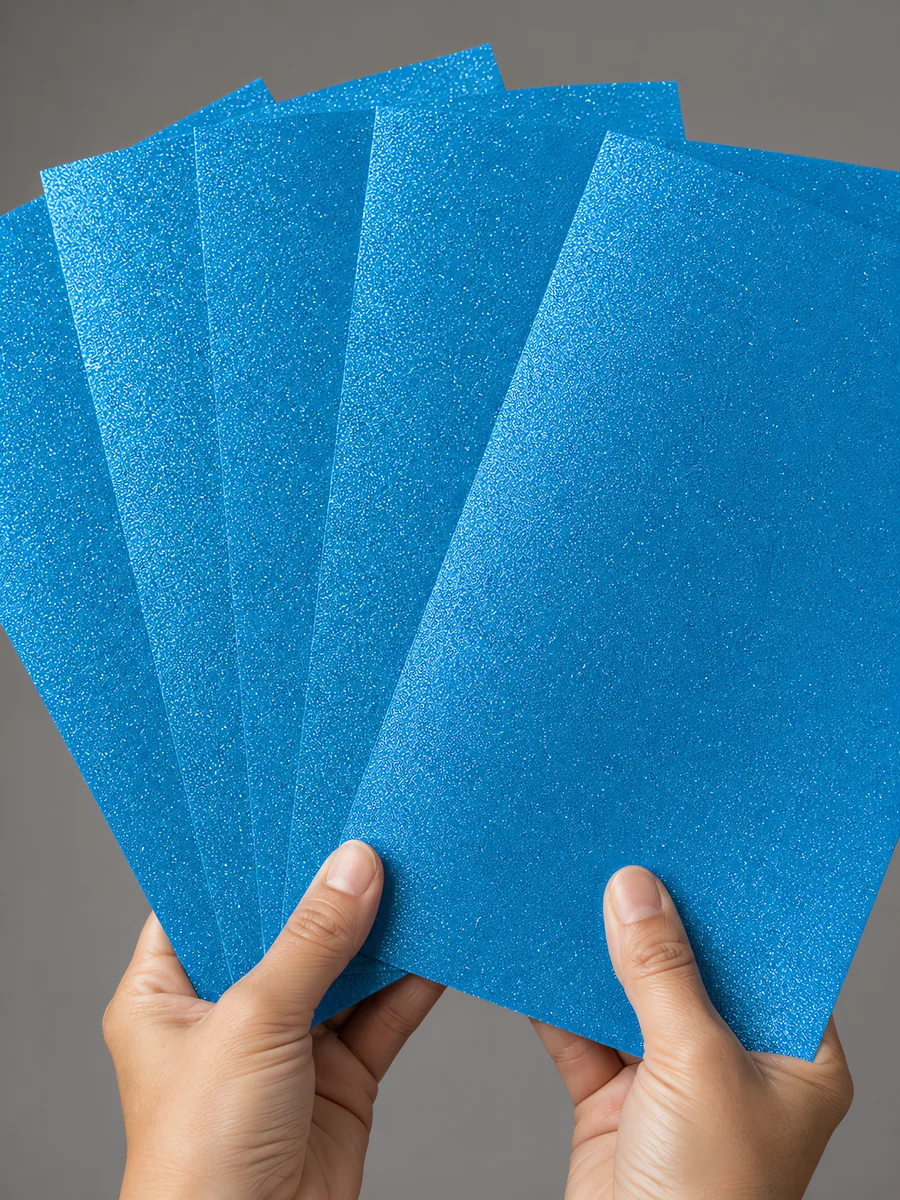Manos sosteniendo varias hojas de papel con glitter azul gema del dragon abiertas en abanico