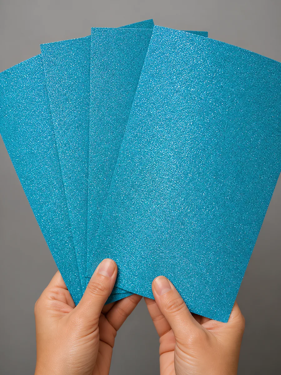 Manos sosteniendo varias hojas de papel con glitter azul principe encantador abiertas en abanico