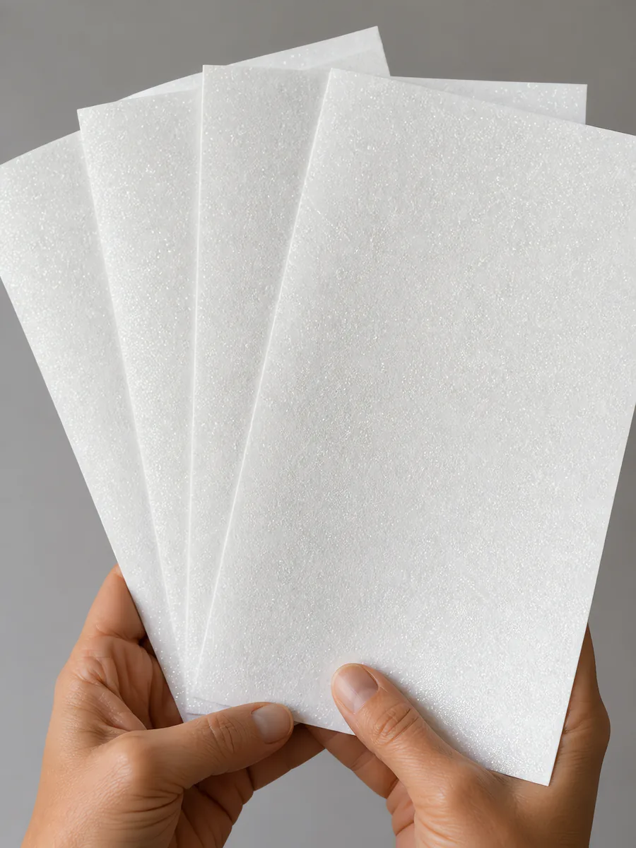 Manos sosteniendo varias hojas de papel con glitter blanco cristal de hielo abiertas en abanico