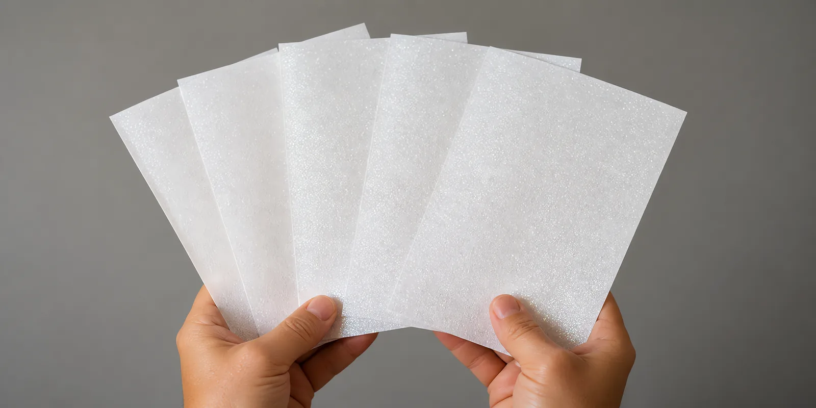 Manos sosteniendo varias hojas de papel con glitter blanco cristal de hielo abiertas en abanico