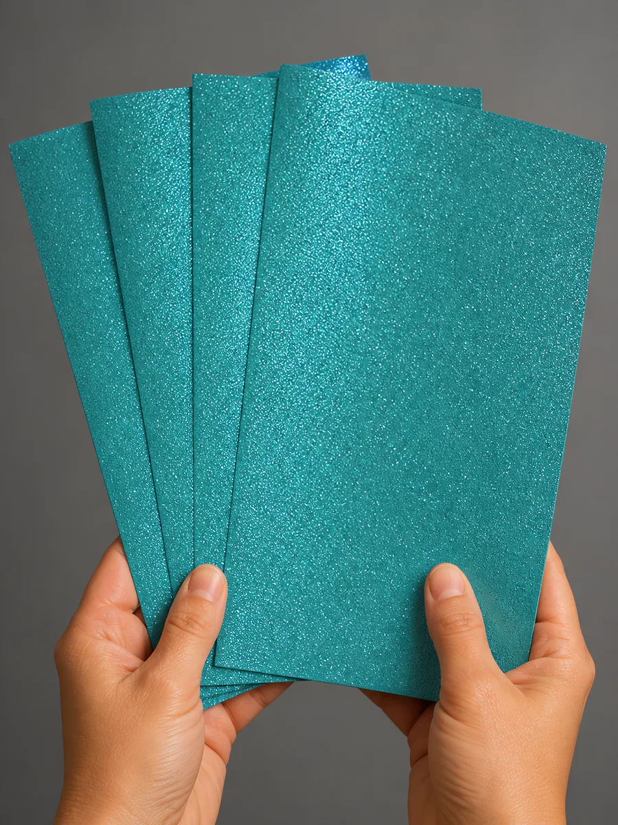 Manos sosteniendo varias hojas de papel con glitter celeste luna de unicornio abiertas en abanico