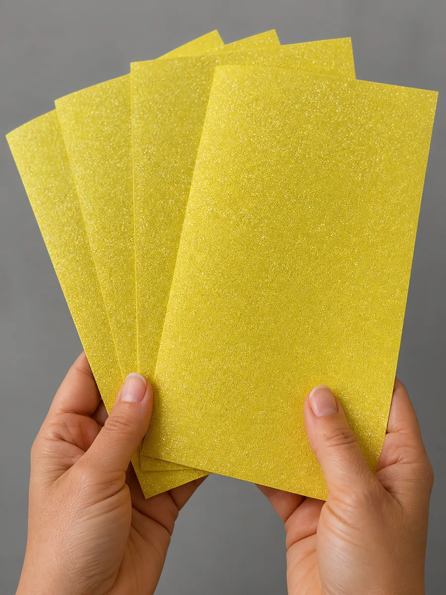 Manos sosteniendo varias hojas de papel con glitter dorado estrella abiertas en abanico