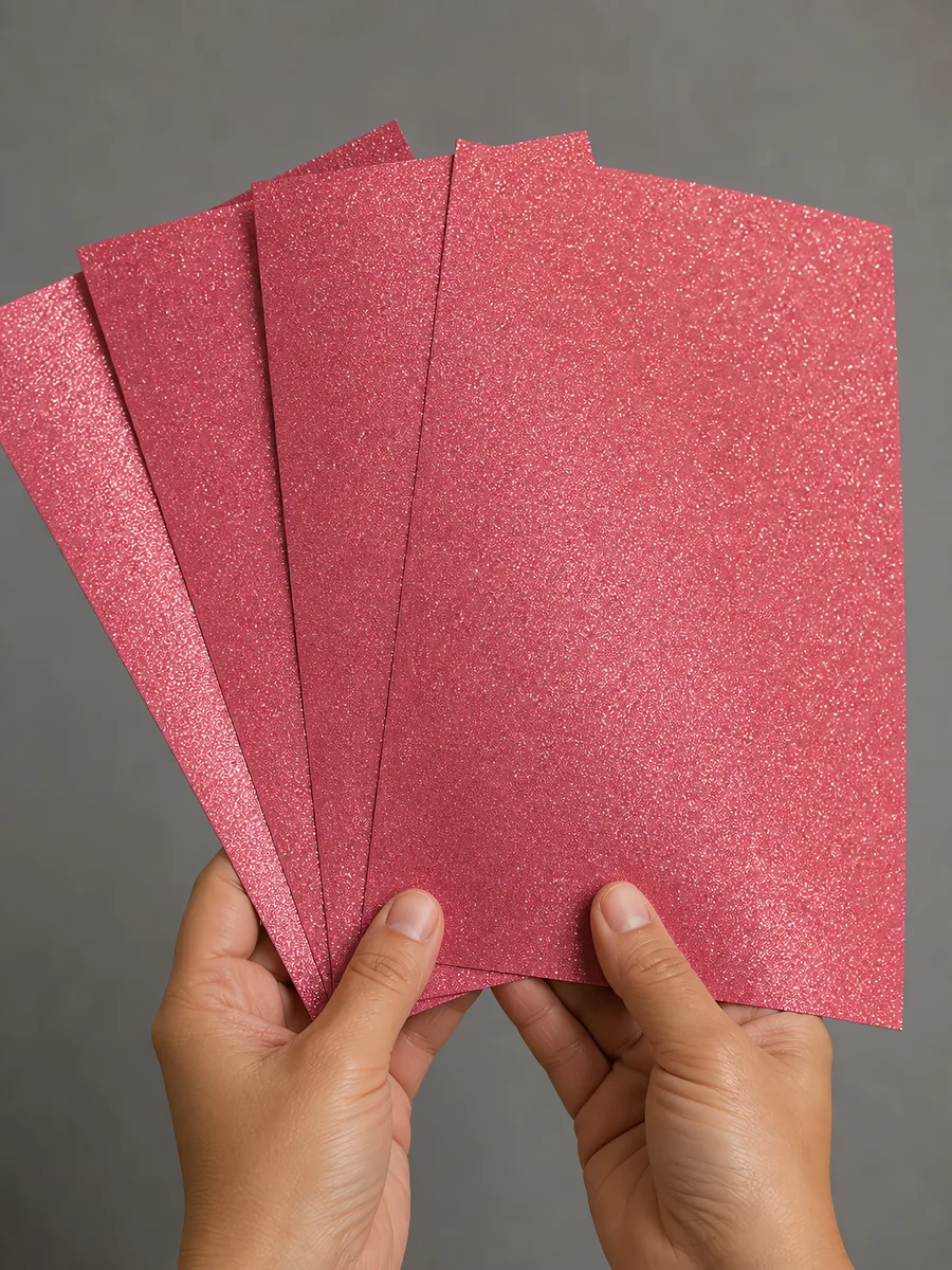 Manos sosteniendo varias hojas de papel con glitter fucsia princesa abiertas en abanico