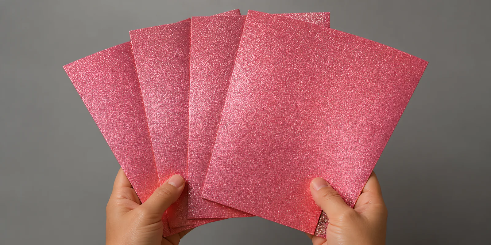 Manos sosteniendo varias hojas de papel con glitter fucsia princesa abiertas en abanico