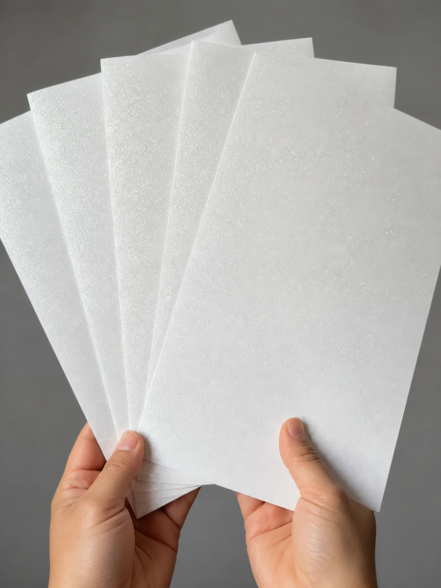 Manos sosteniendo varias hojas de papel con glitter gris niebla nocturna abiertas en abanico