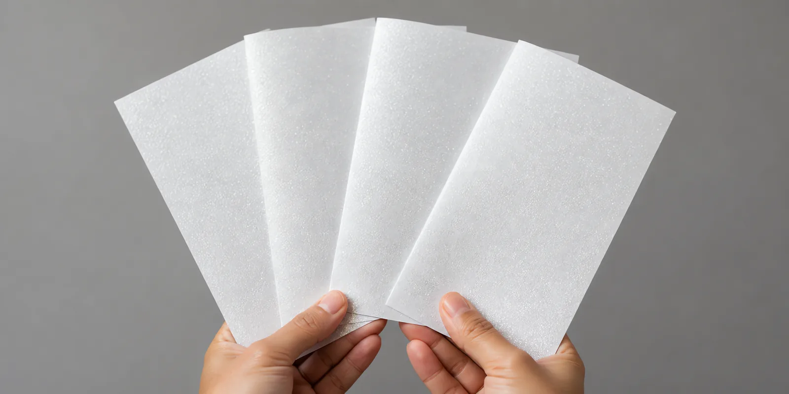 Manos sosteniendo varias hojas de papel con glitter gris niebla nocturna abiertas en abanico
