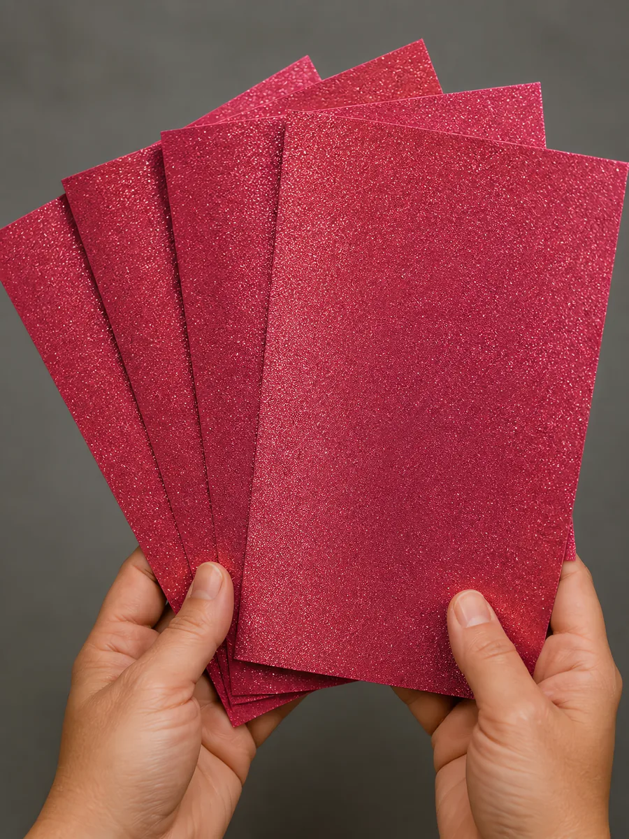 Manos sosteniendo varias hojas de papel con glitter lavanda del bosque abiertas en abanico