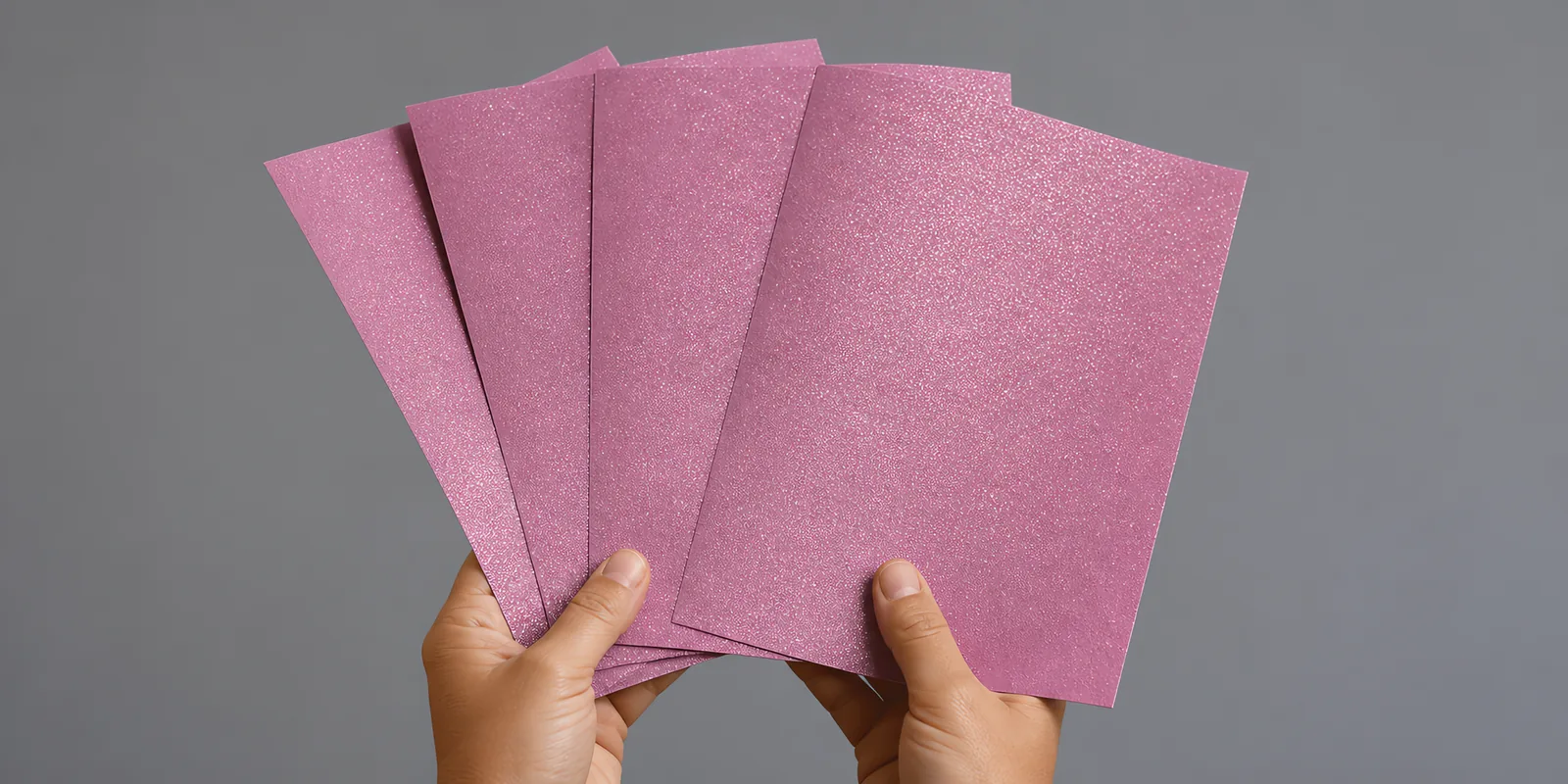 Manos sosteniendo varias hojas de papel con glitter lila magico abiertas en abanico