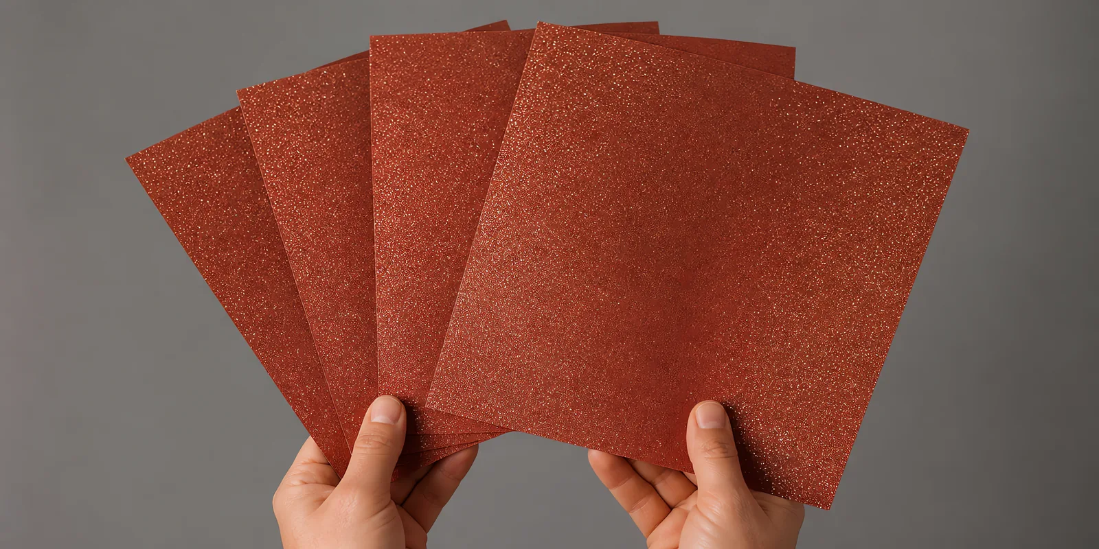 Manos sosteniendo varias hojas de papel con glitter marrón roble antiguo abiertas en abanico