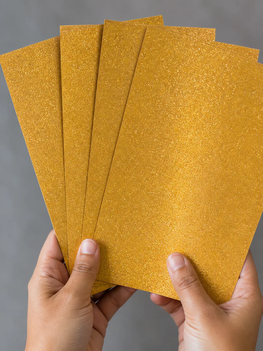 Manos sosteniendo varias hojas de papel con glitter naranja del amanecer abiertas en abanico