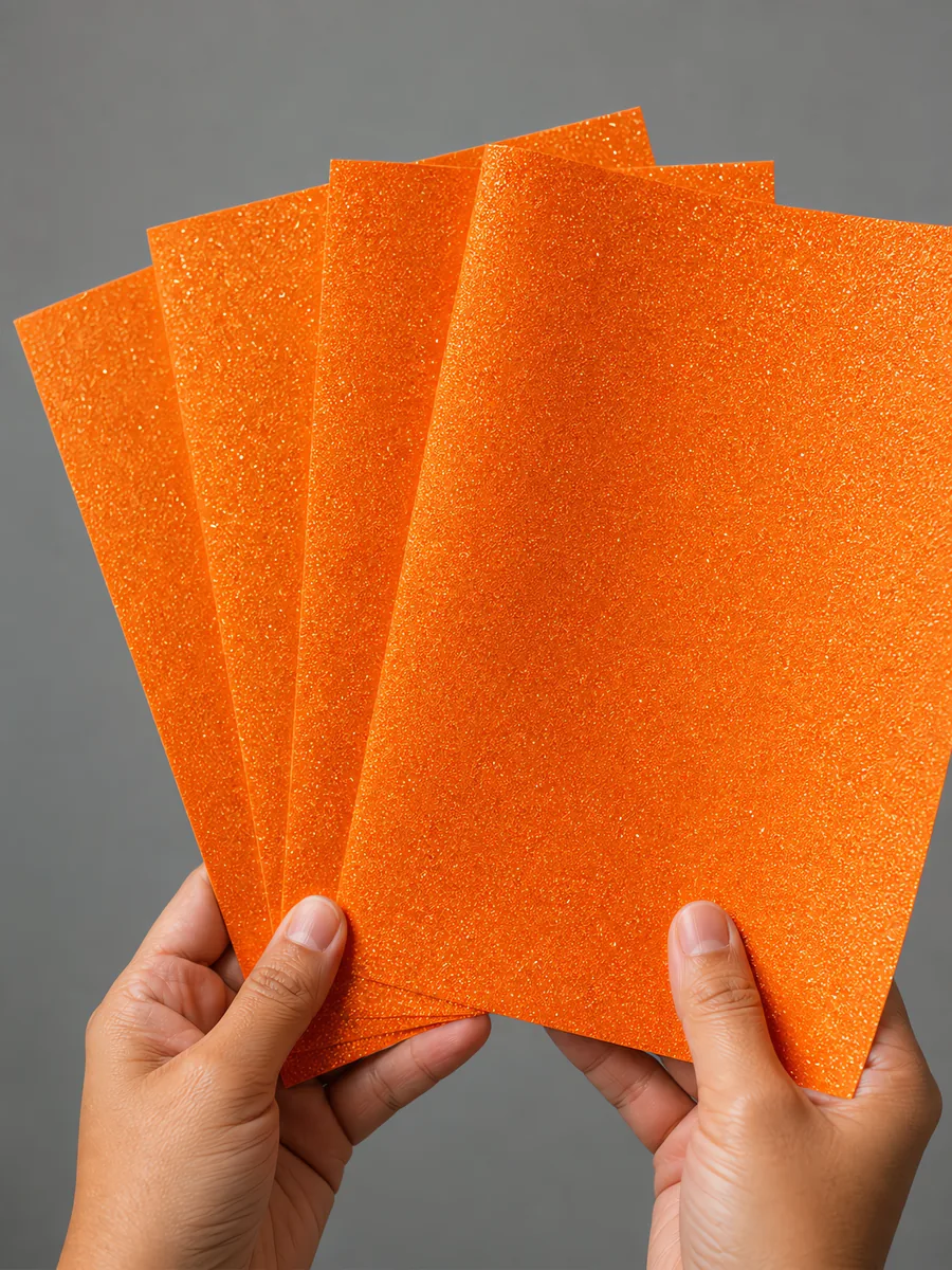Manos sosteniendo varias hojas de papel con glitter naranja soleado abiertas en abanico