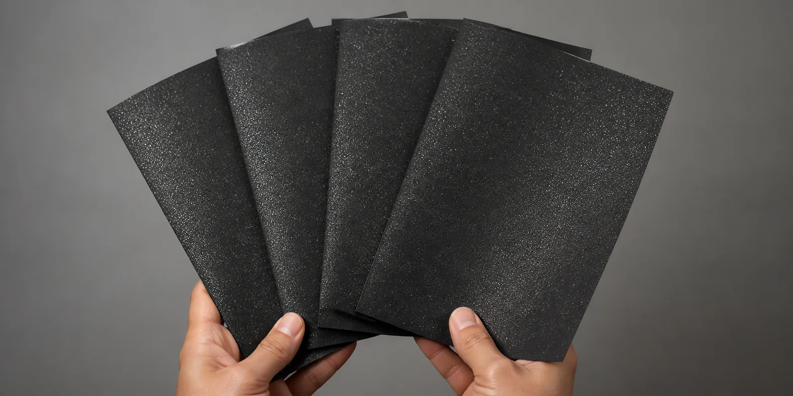 Manos sosteniendo varias hojas de papel con glitter negro torre embrujada abiertas en abanico