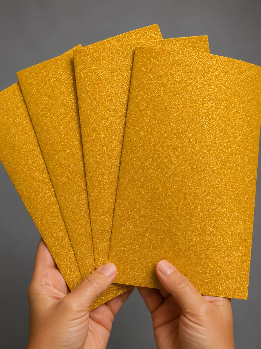 Manos sosteniendo varias hojas de papel con glitter oro anillo encantad abiertas en abanico