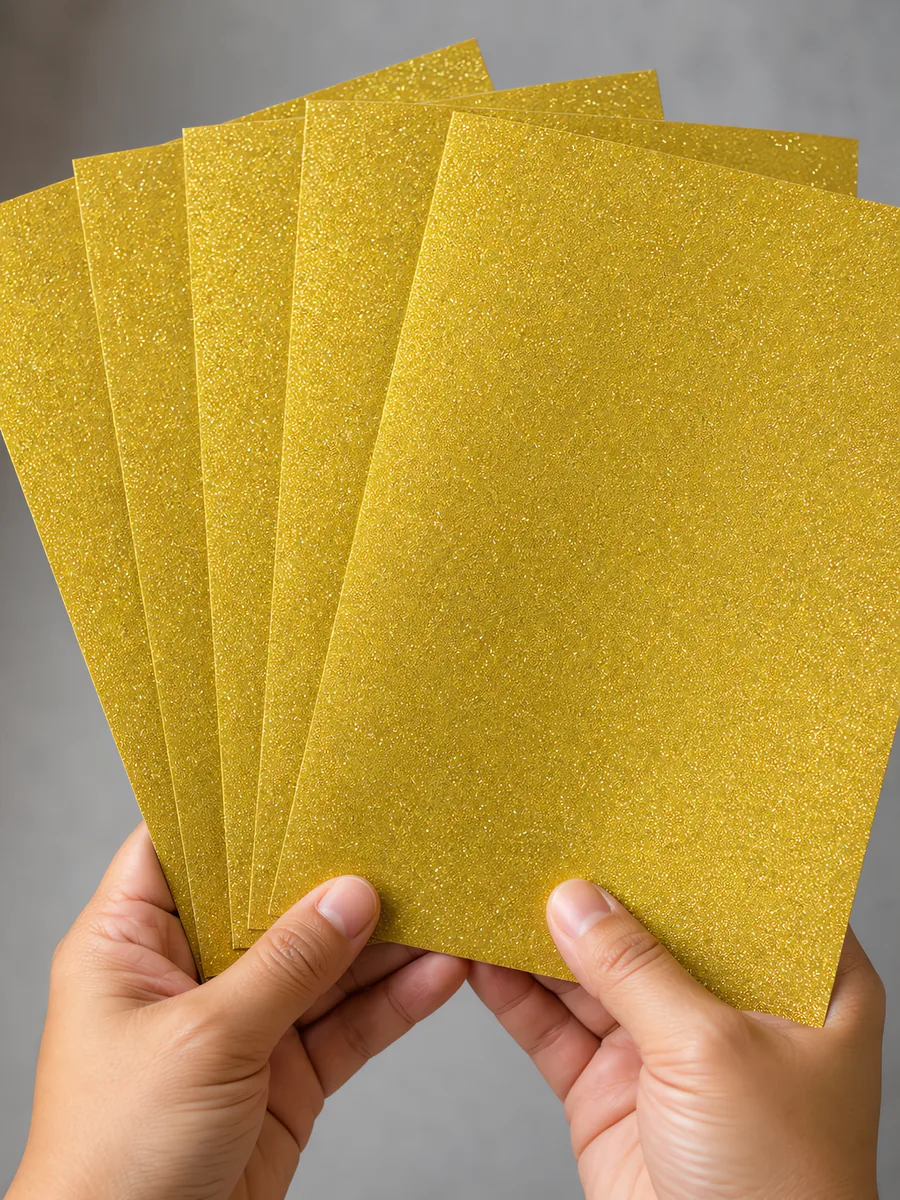 Manos sosteniendo varias hojas de papel con glitter oro corona real abiertas en abanico