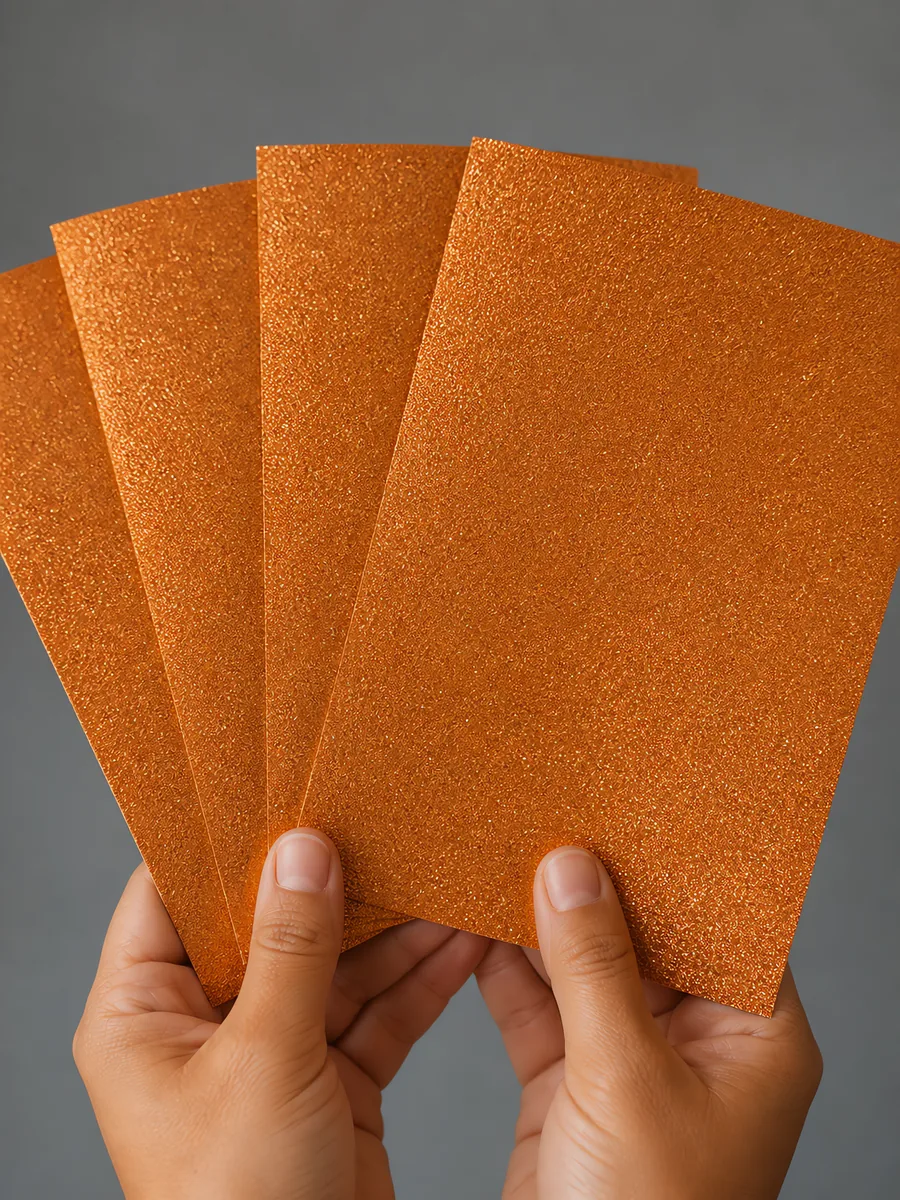 Manos sosteniendo varias hojas de papel con glitter oro llave magica abiertas en abanico