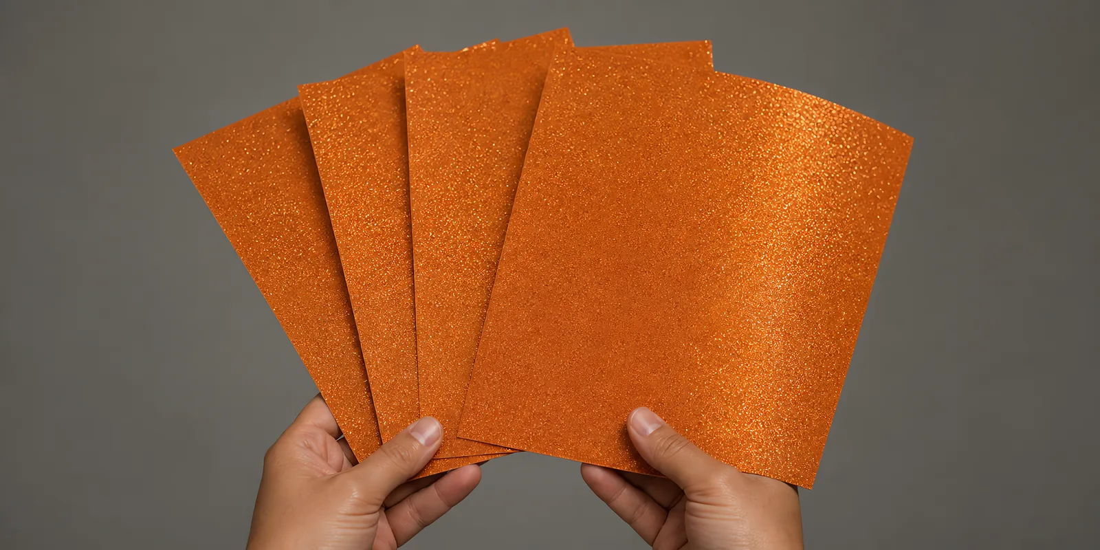 Manos sosteniendo varias hojas de papel con glitter oro llave magica abiertas en abanico