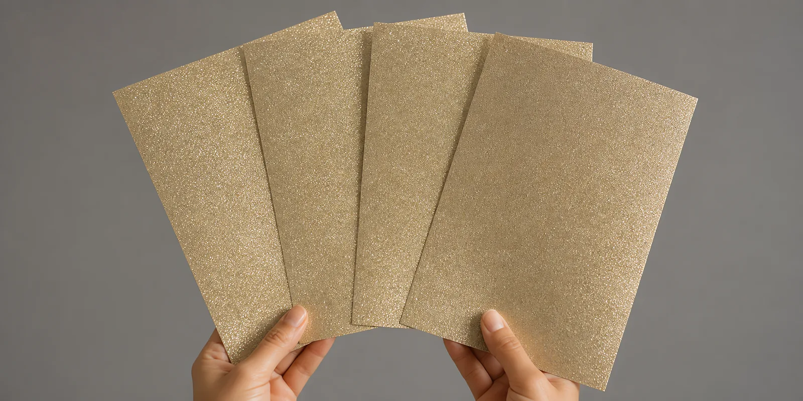 Manos sosteniendo varias hojas de papel con glitter oro polvo magico abiertas en abanico