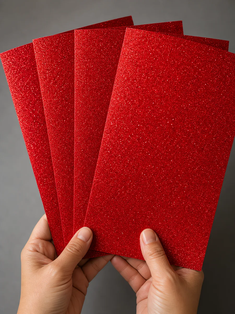 Manos sosteniendo varias hojas de papel con glitter rojo corazon abiertas en abanico