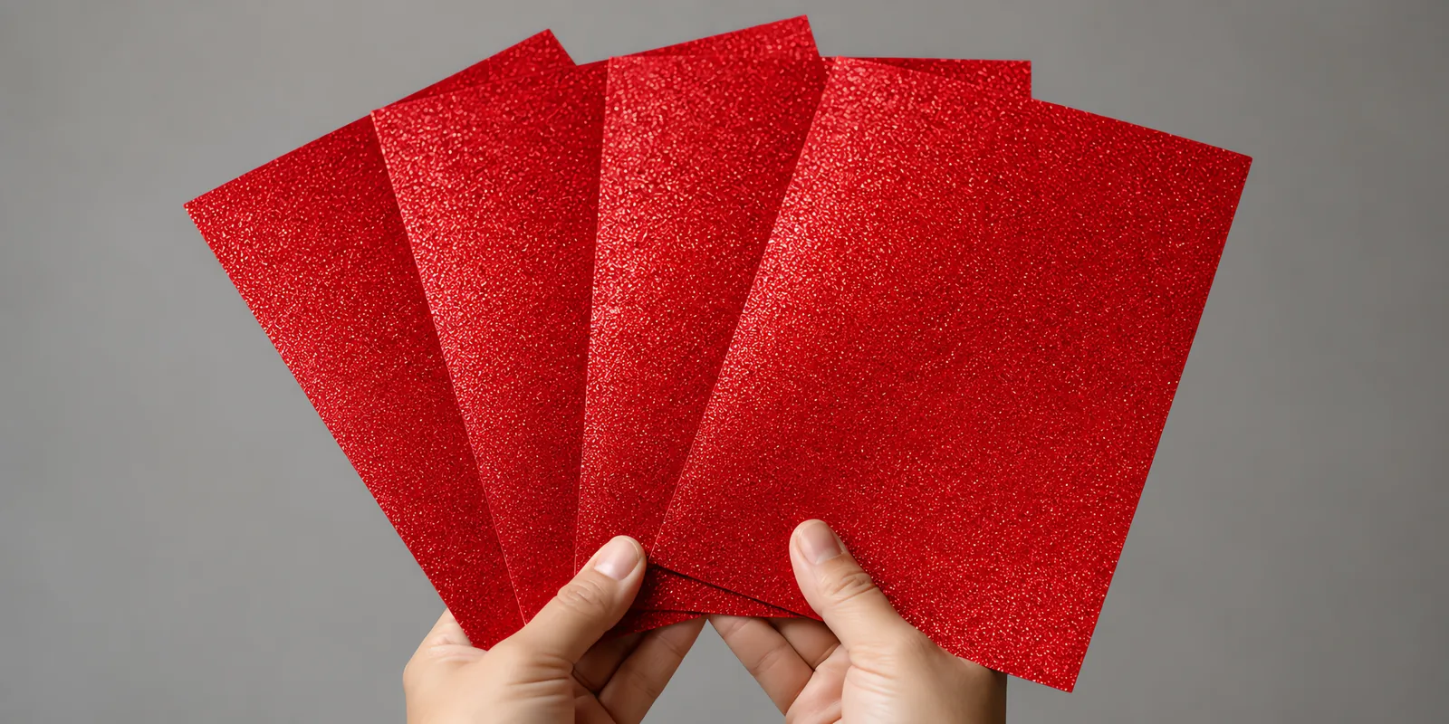 Manos sosteniendo varias hojas de papel con glitter rojo corazon abiertas en abanico