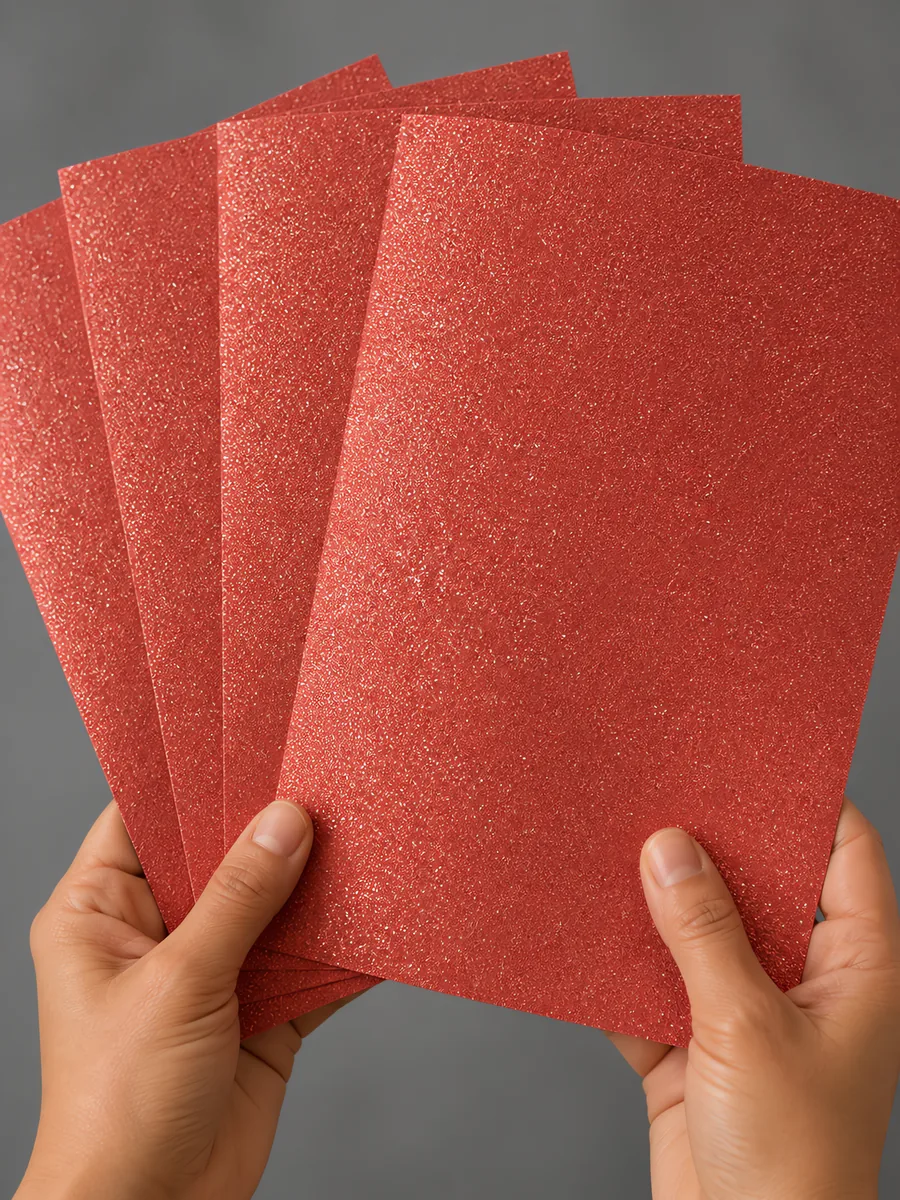 Manos sosteniendo varias hojas de papel con glitter rojo fenix abiertas en abanico