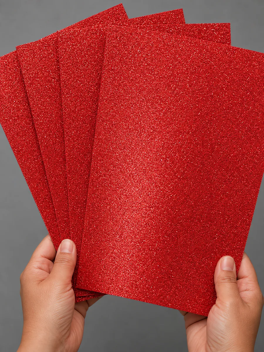 Manos sosteniendo varias hojas de papel con glitter rojo manzana encantada abiertas en abanico