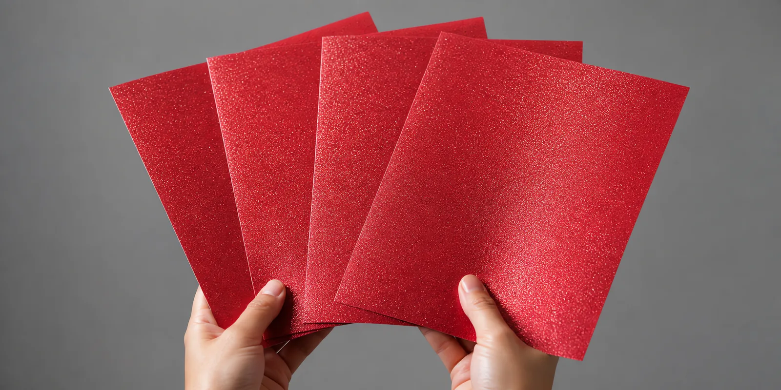 Manos sosteniendo varias hojas de papel con glitter rojo rosado abiertas en abanico