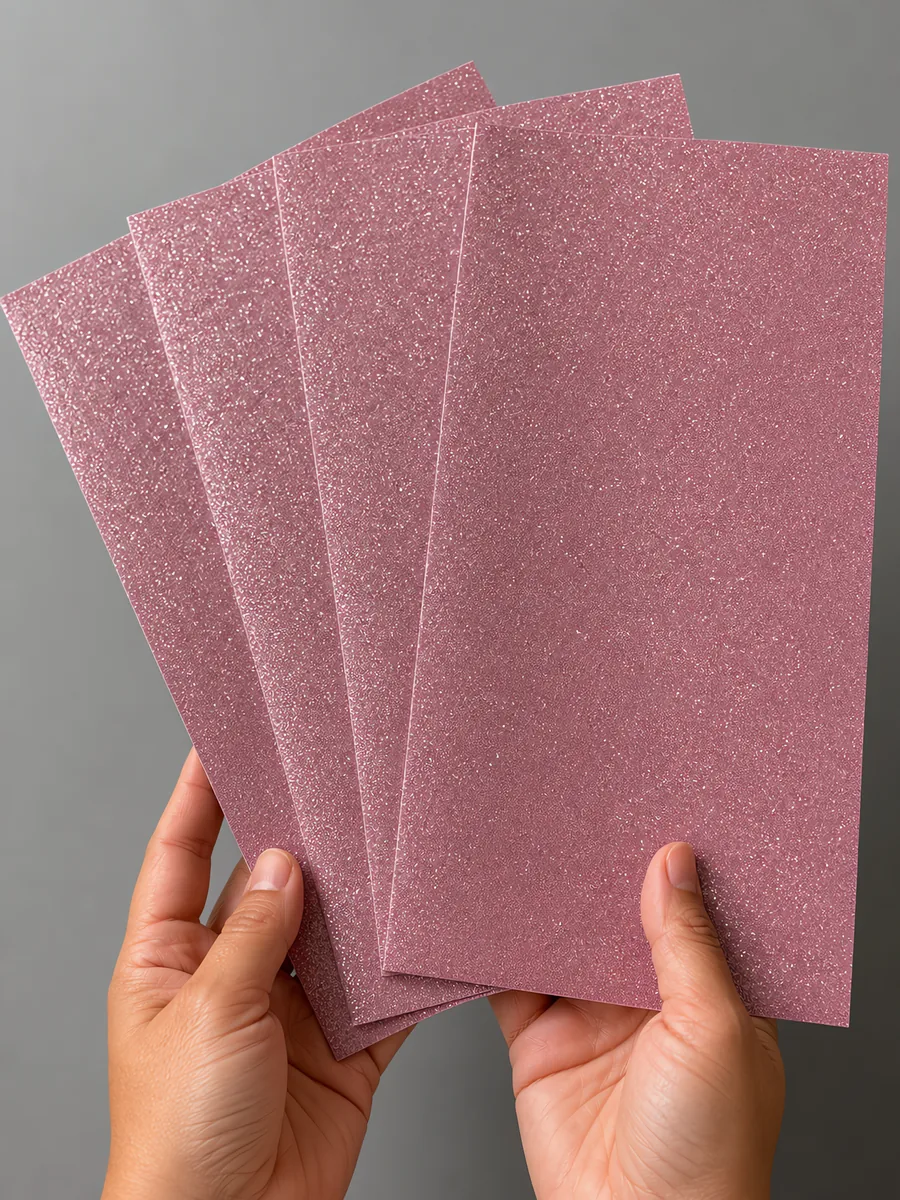 Manos sosteniendo varias hojas de papel con glitter rosa fantasia abiertas en abanico