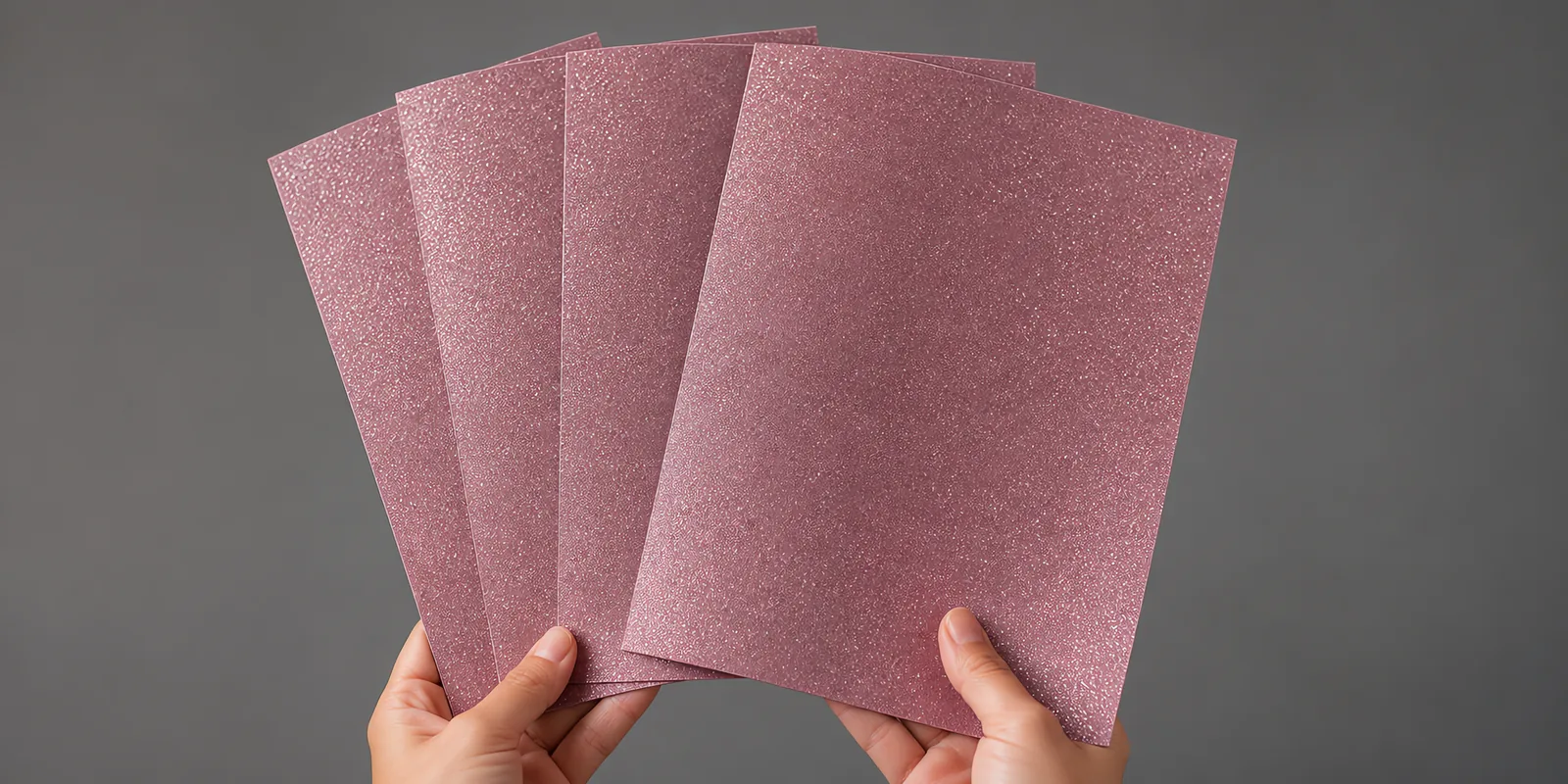 Manos sosteniendo varias hojas de papel con glitter rosa fantasia abiertas en abanico