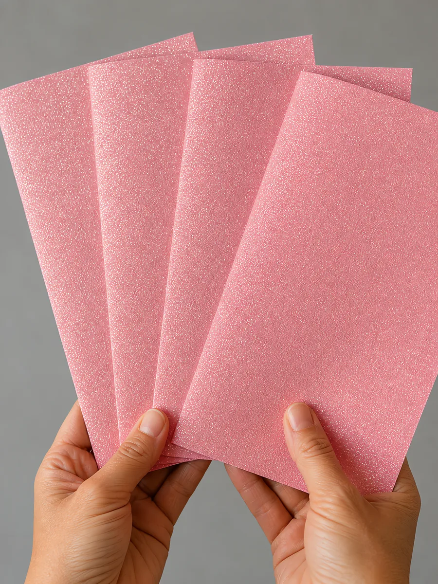 Manos sosteniendo varias hojas de papel con glitter rosa melocotón abiertas en abanico