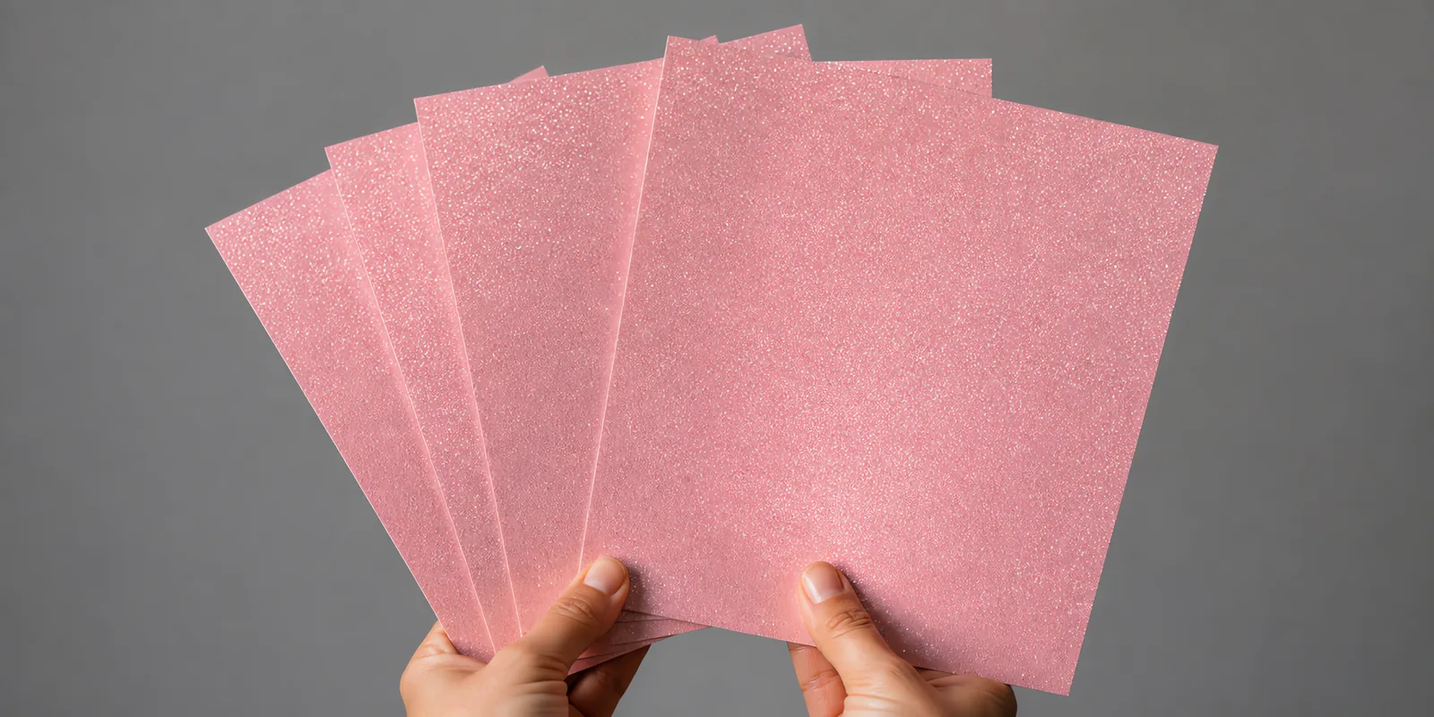 Manos sosteniendo varias hojas de papel con glitter rosa melocotón abiertas en abanico