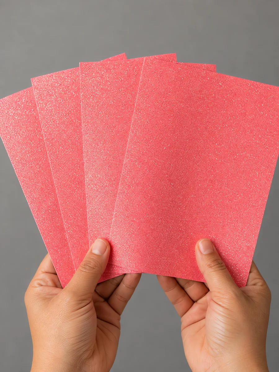 Manos sosteniendo varias hojas de papel con glitter rosa neon magico abiertas en abanico