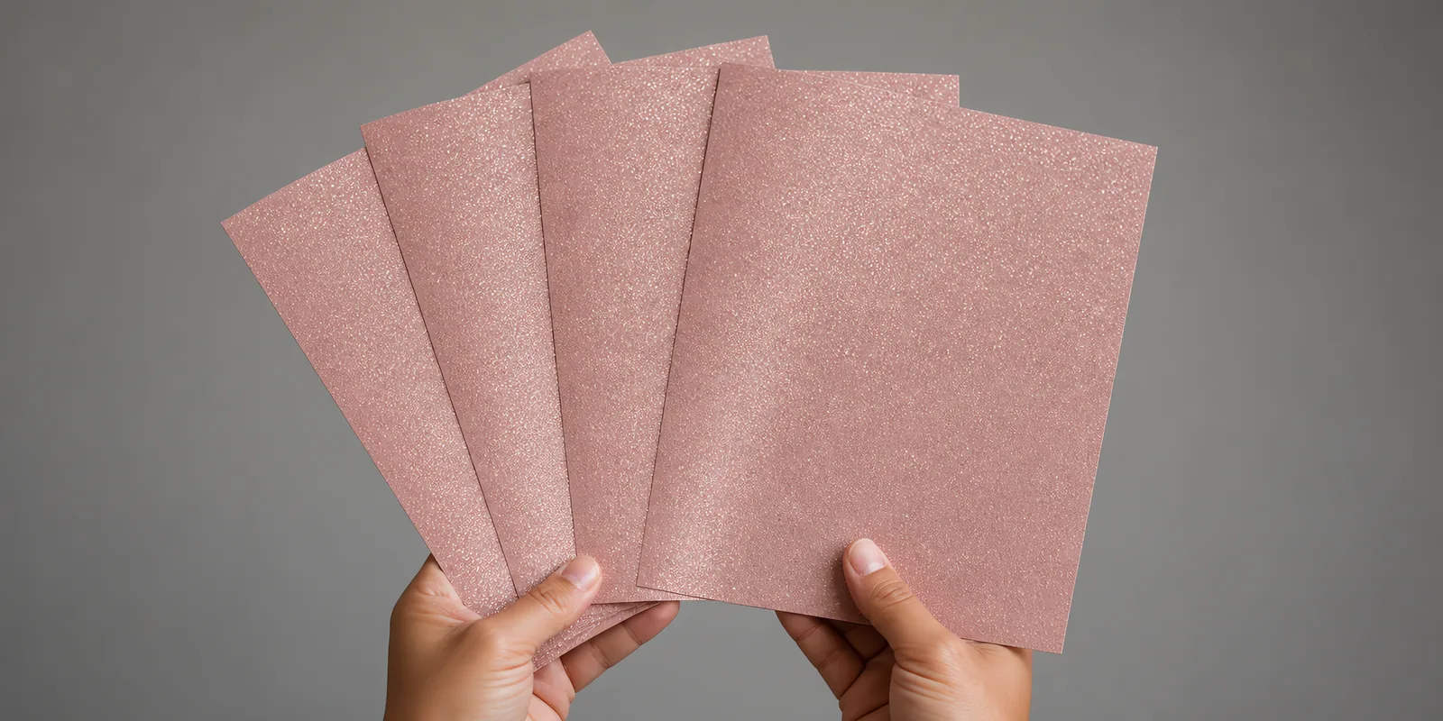 Manos sosteniendo varias hojas de papel con glitter rosa romance abiertas en abanico