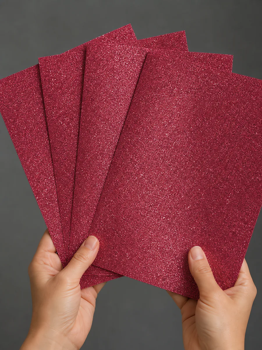 Manos sosteniendo varias hojas de papel con glitter rosa sirena abiertas en abanico