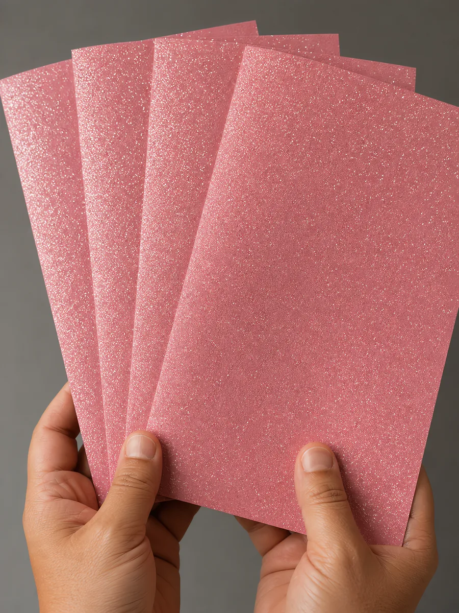 Manos sosteniendo varias hojas de papel con glitter rosa tiara abiertas en abanico
