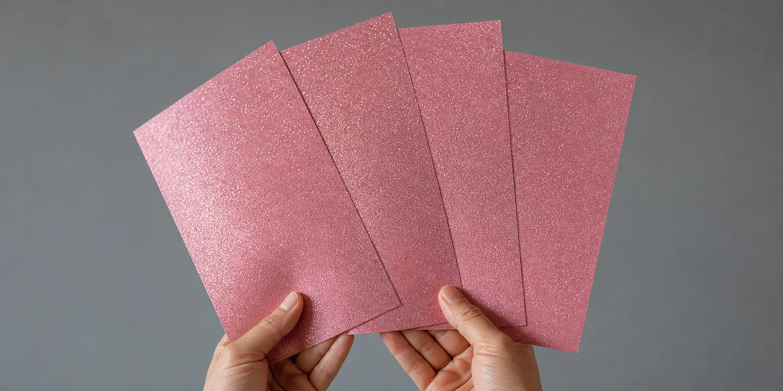 Manos sosteniendo varias hojas de papel con glitter rosa tiara abiertas en abanico