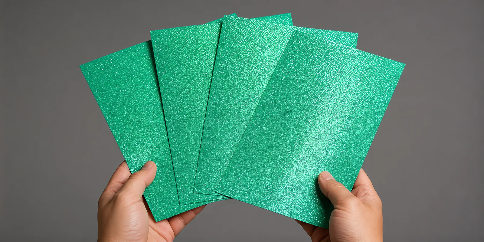 Manos sosteniendo varias hojas de papel con glitter verde alga del mar abiertas en abanico