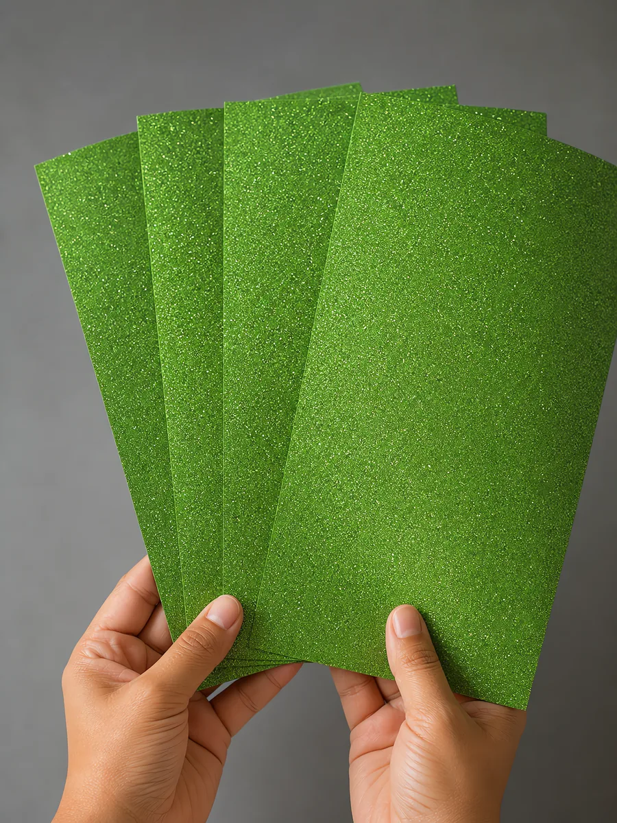 Manos sosteniendo varias hojas de papel con glitter verde manzana encantada abiertas en abanico