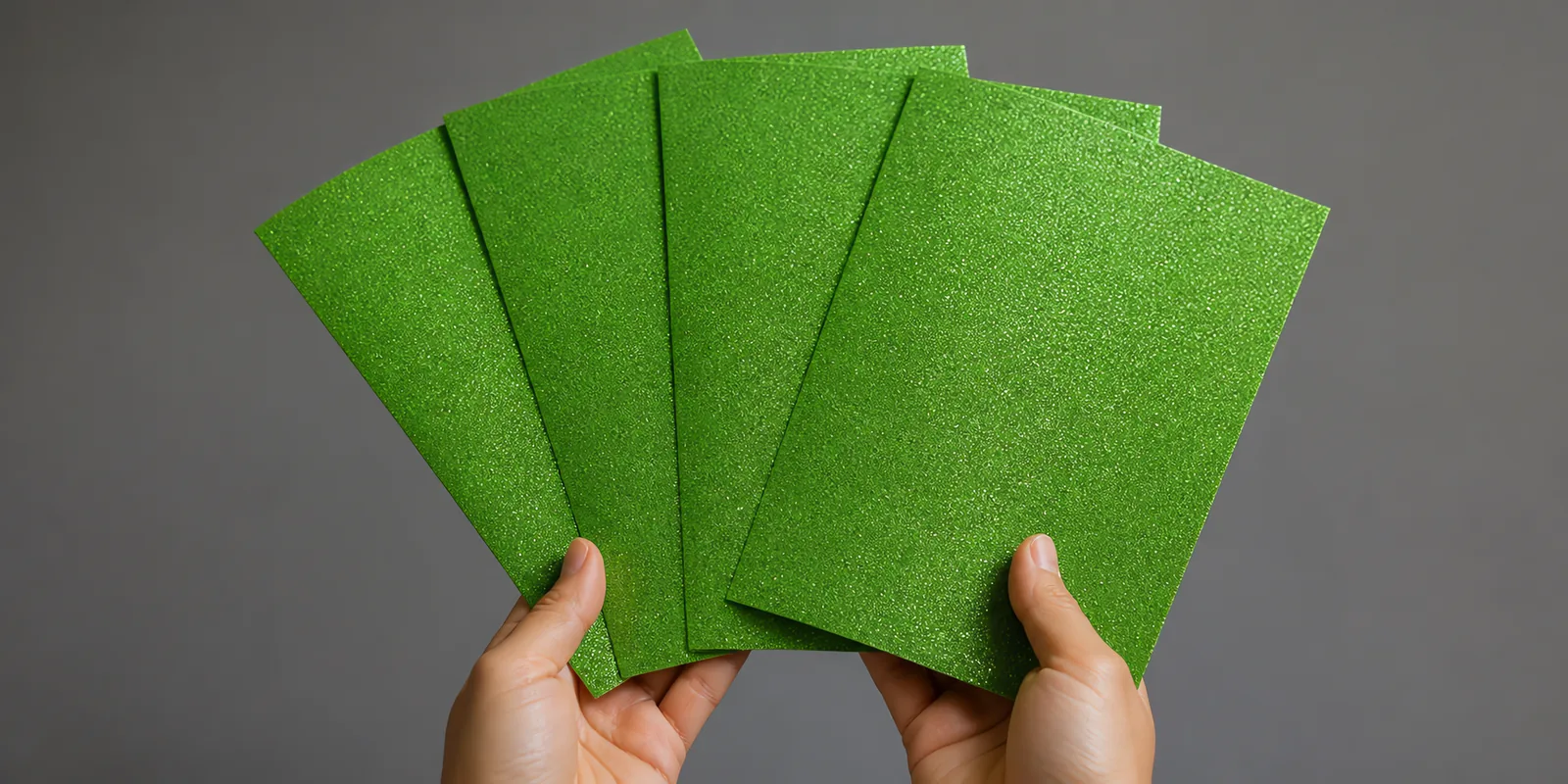 Manos sosteniendo varias hojas de papel con glitter verde manzana encantada abiertas en abanico