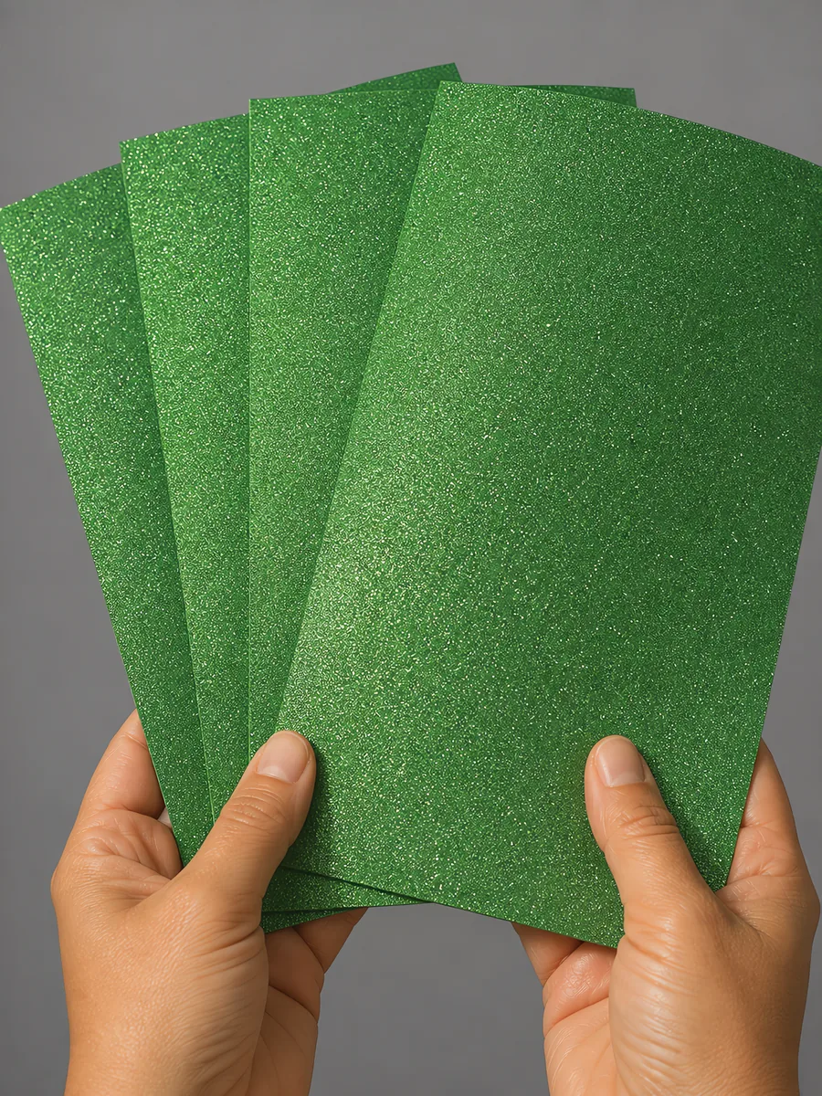 Manos sosteniendo varias hojas de papel con glitter verde pocion de bruja abiertas en abanico