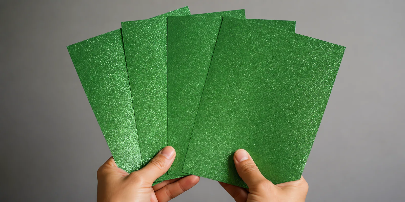 Manos sosteniendo varias hojas de papel con glitter verde pocion de bruja abiertas en abanico
