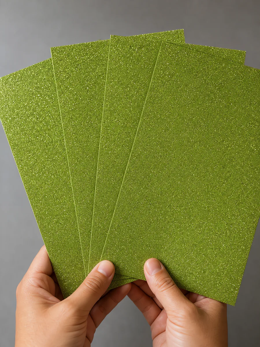 Manos sosteniendo varias hojas de papel con glitter verde trebol de la suerte abiertas en abanico