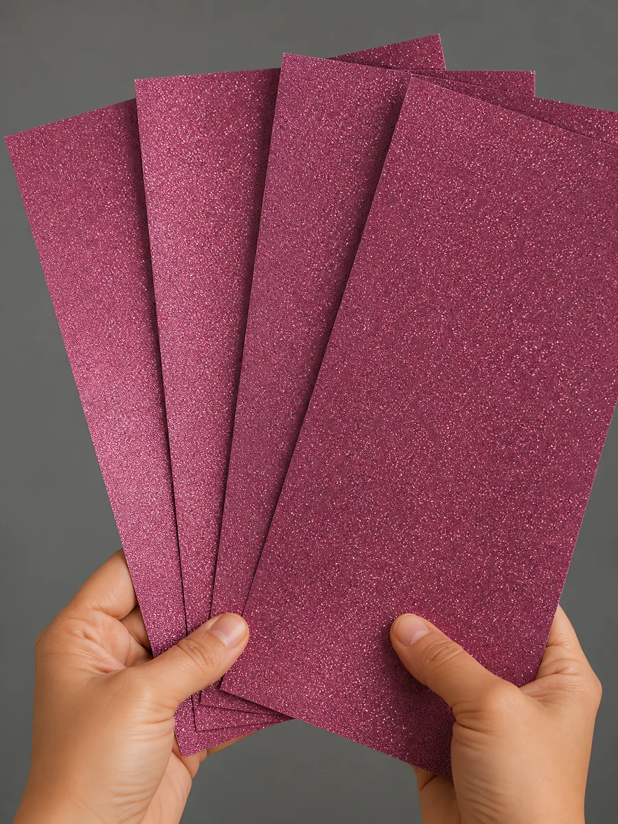 Manos sosteniendo varias hojas de papel con glitter violeta alfombra magica abiertas en abanico