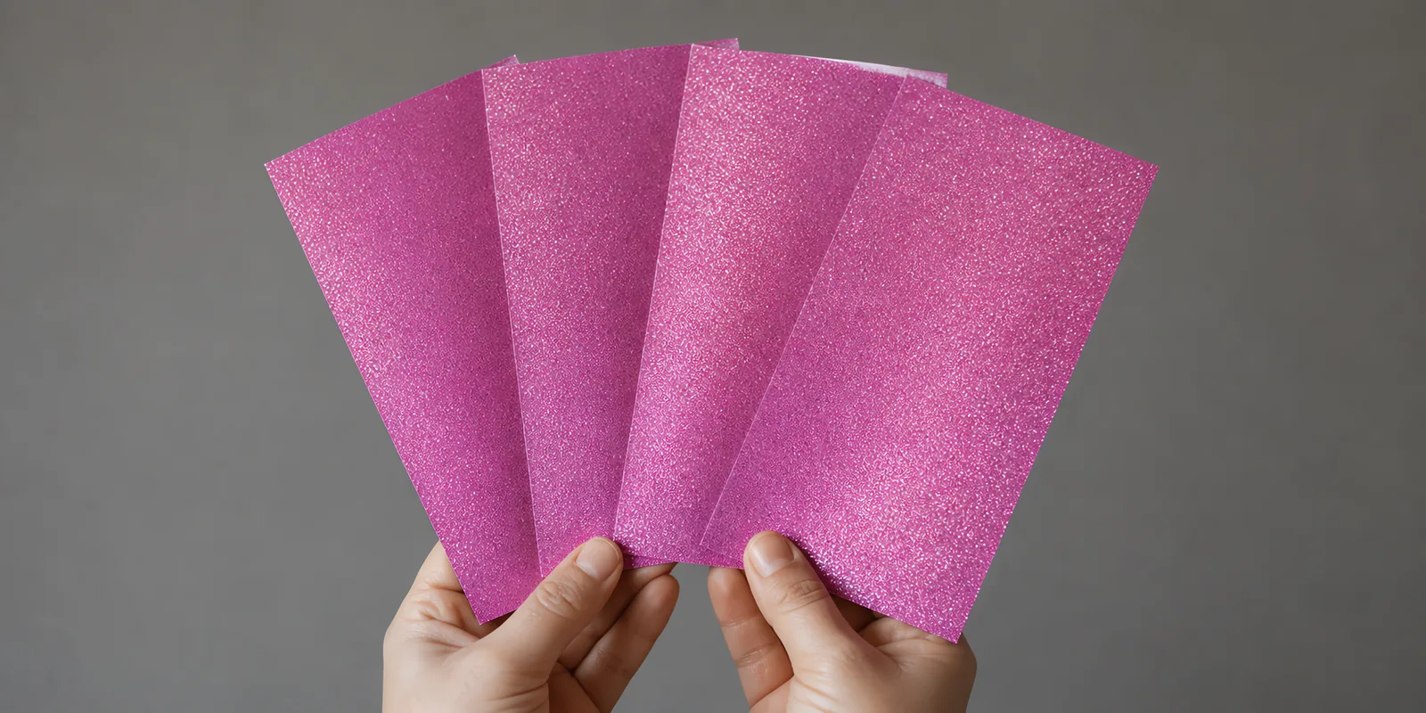 Manos sosteniendo varias hojas de papel con glitter violeta orbe de cristal abiertas en abanico