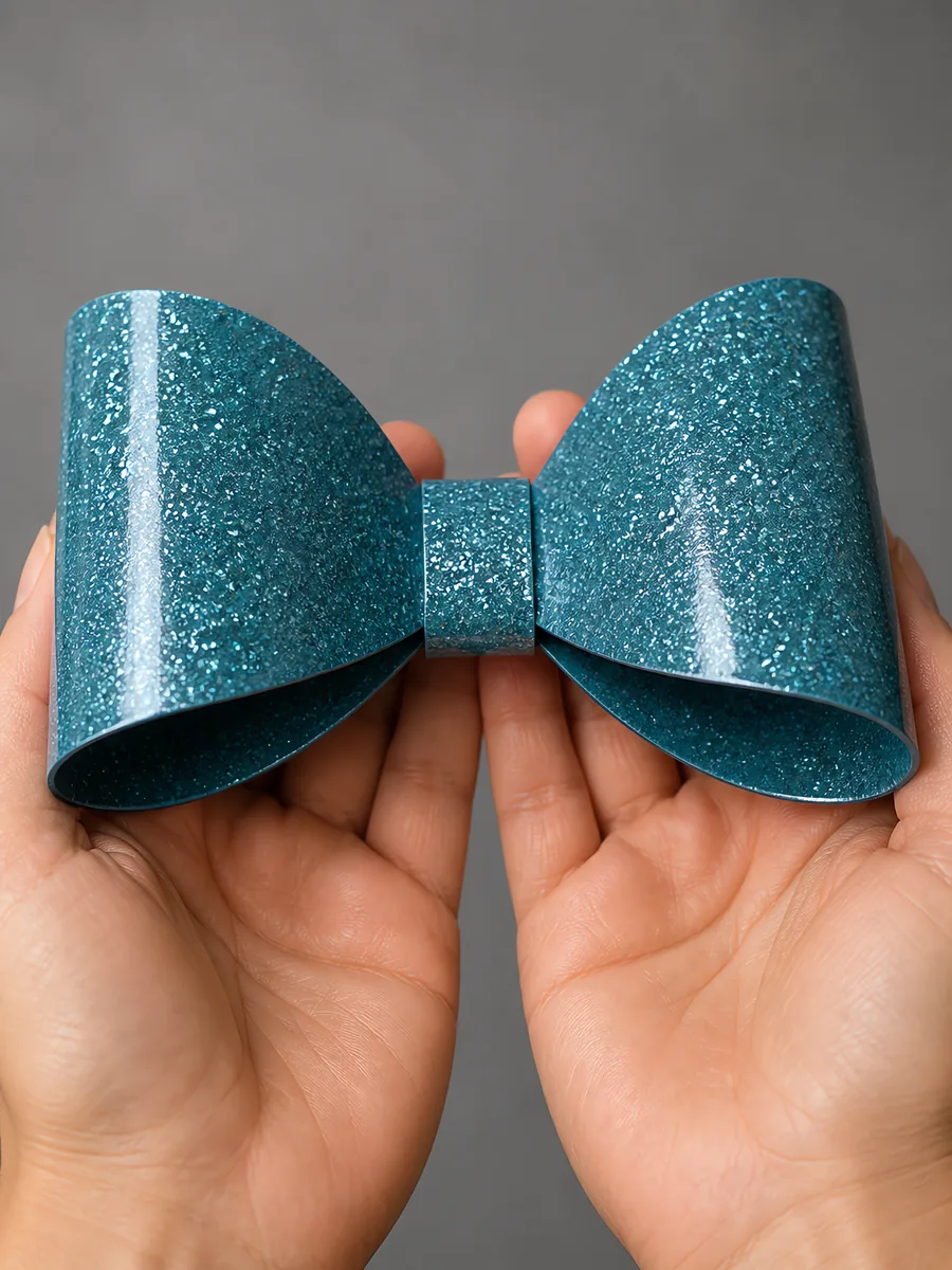 Manos sosteniendo un moño de papel celeste con glitter