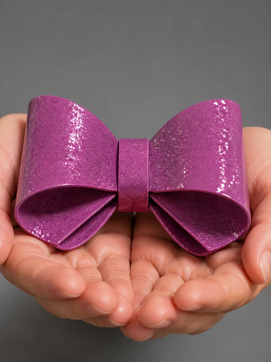 Manos sosteniendo un moño de papel lavanda con glitter