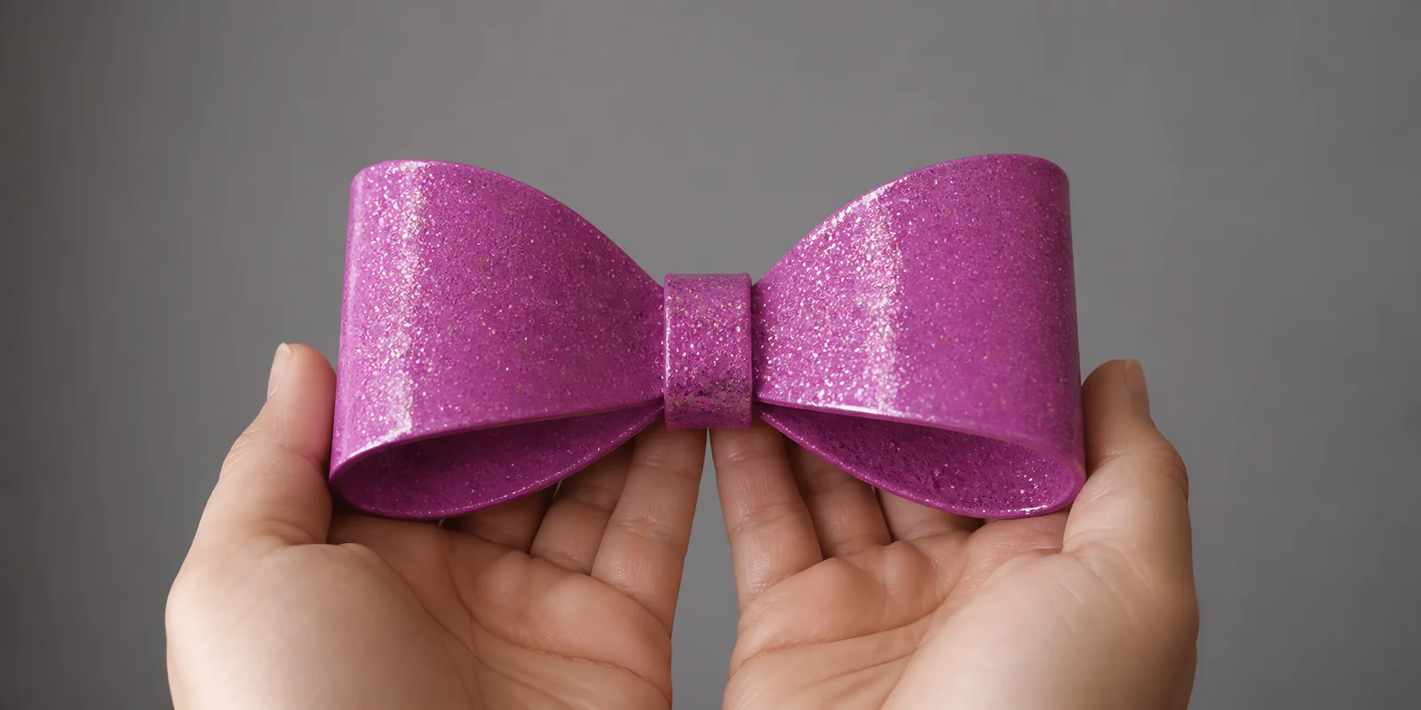 Manos sosteniendo un moño de papel lavanda con glitter